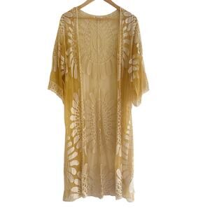 Rebellion Again Bohemian Lace‎ Embroidered Kimono Duster Yellow Size Medium